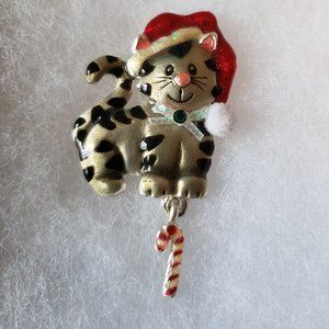 2/15$ AJMC brooch cat santa hat and candy cane brooch